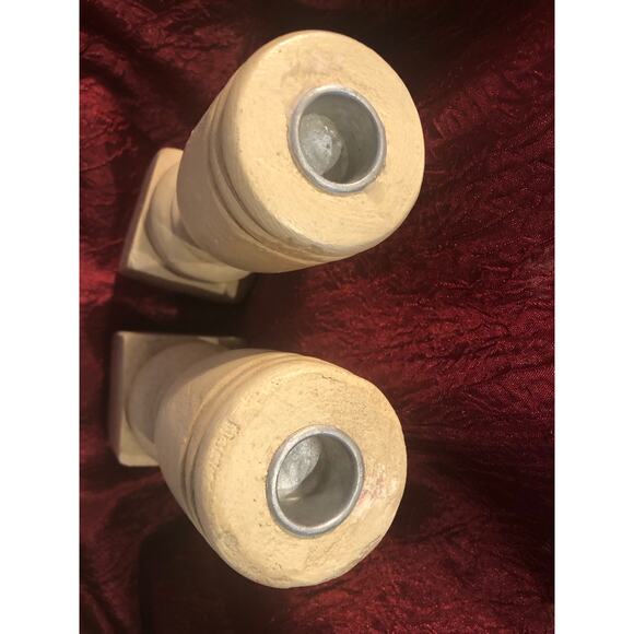 Rustic Country Farmhouse Vibe Candle Holders Wooden Off White 8” - Picture 3 of 6